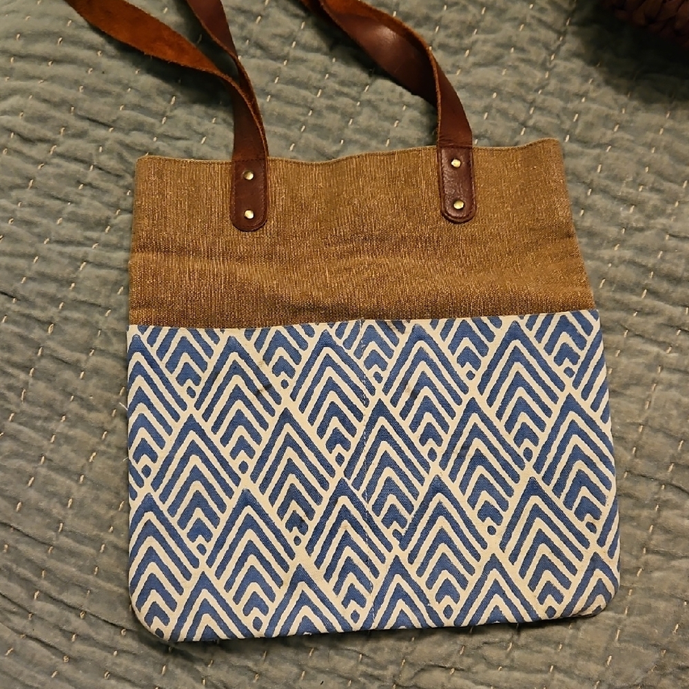 New, Joyn, Hand-Stamped, Blue Patterned Tote Bag With Brown Leather Strap